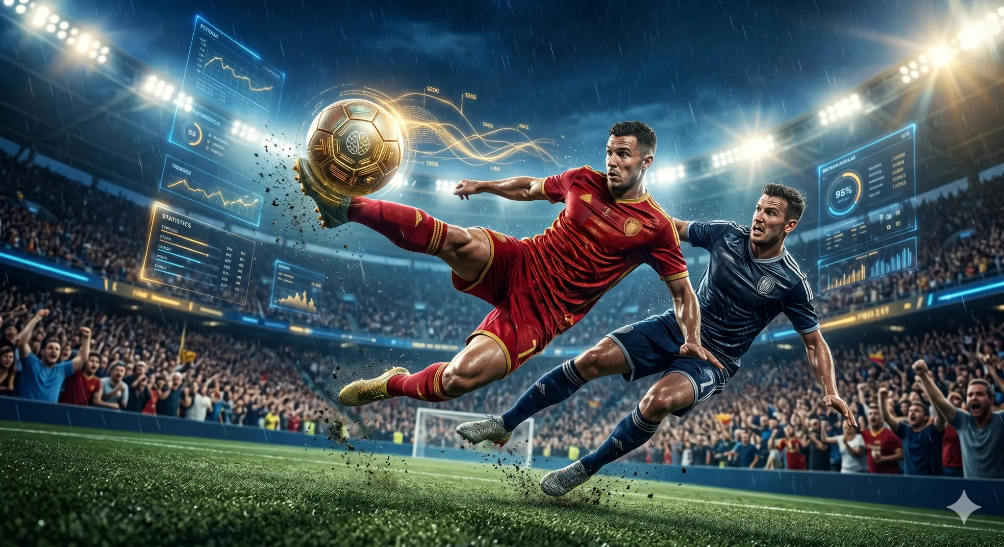 Football players competing with AI analytics overlay